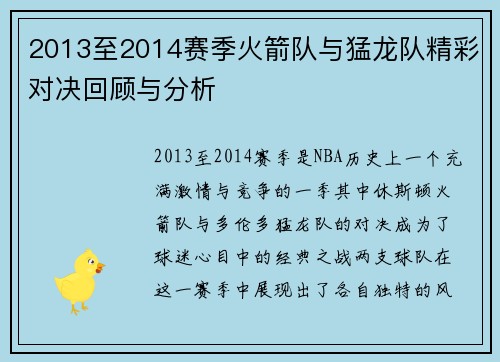 2013至2014赛季火箭队与猛龙队精彩对决回顾与分析