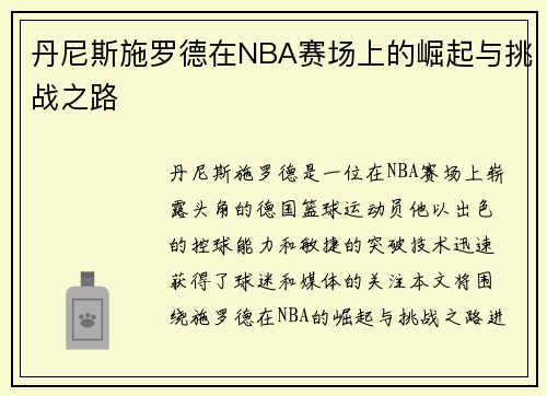 丹尼斯施罗德在NBA赛场上的崛起与挑战之路