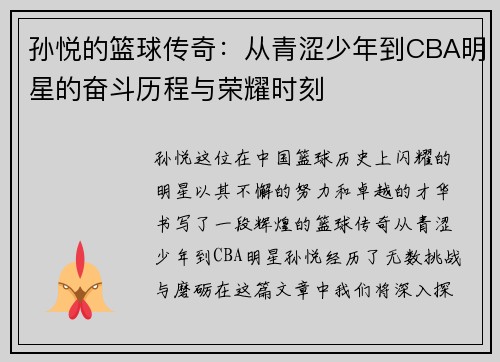 孙悦的篮球传奇：从青涩少年到CBA明星的奋斗历程与荣耀时刻