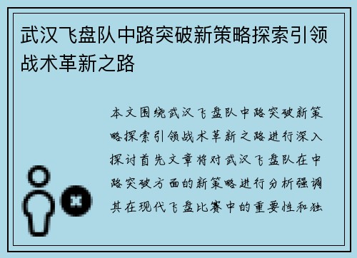 武汉飞盘队中路突破新策略探索引领战术革新之路