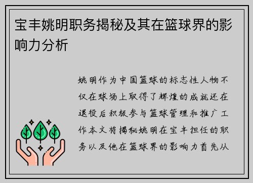 宝丰姚明职务揭秘及其在篮球界的影响力分析