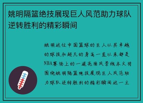 姚明隔篮绝技展现巨人风范助力球队逆转胜利的精彩瞬间