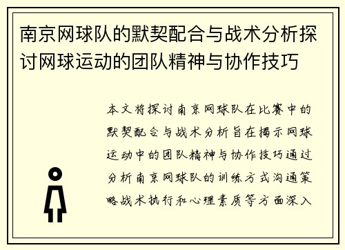 南京网球队的默契配合与战术分析探讨网球运动的团队精神与协作技巧
