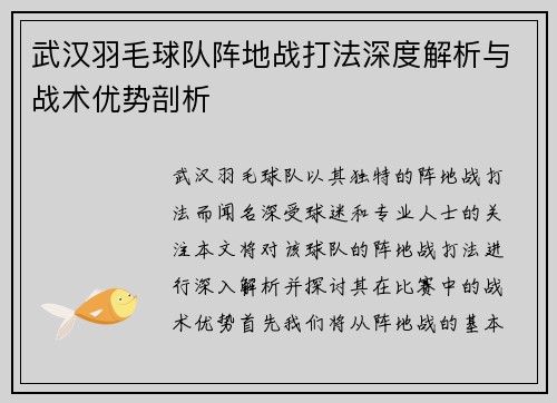 武汉羽毛球队阵地战打法深度解析与战术优势剖析